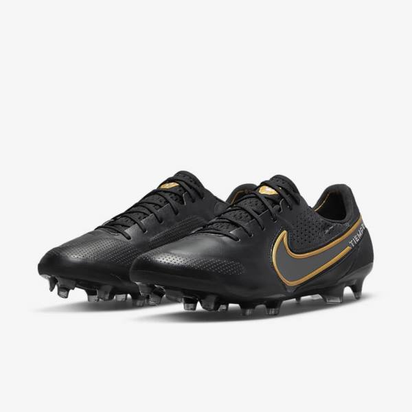 Nike Tiempo Legend 9 Elite FG Firm-Ground Ženske Nogometni Čevlji Črna / Temno Siva / Kovinski Zlato / Kovinski Temno Siva | NK209IFN